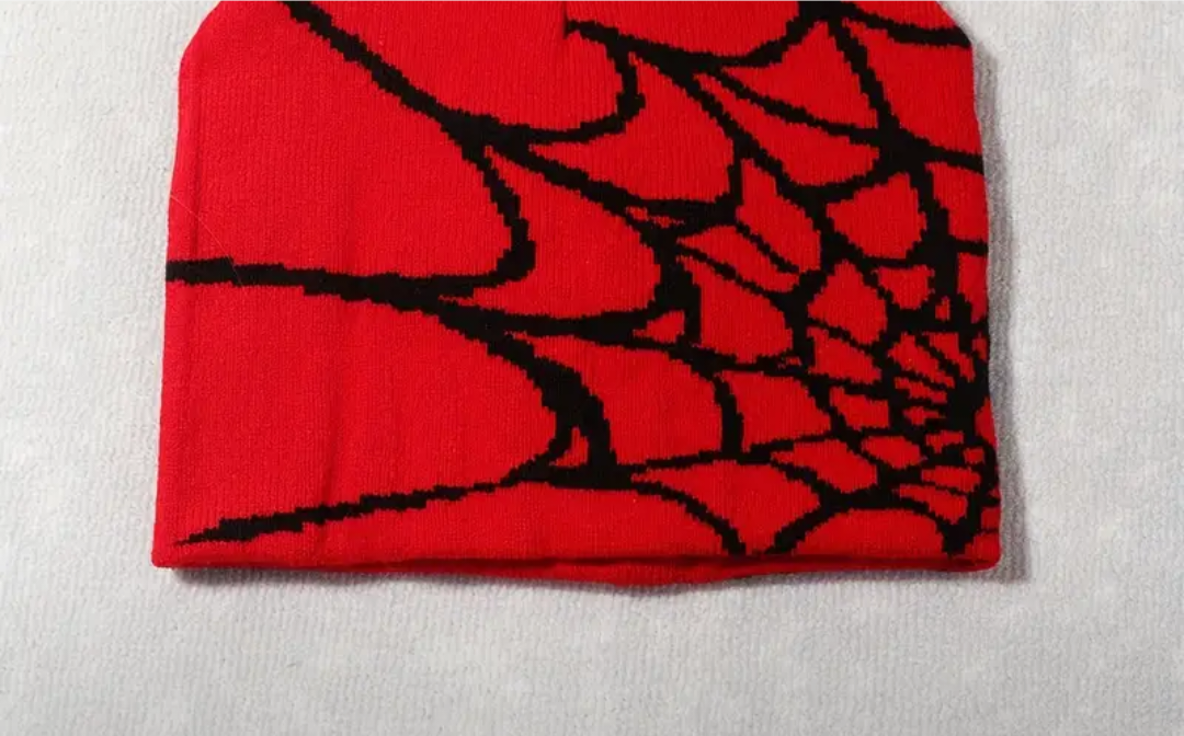 RED AND BLACK SPIDER WEB BEANIE