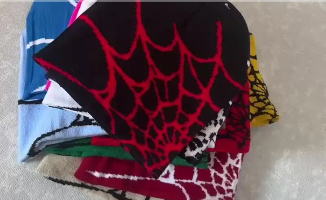 RED AND BLACK SPIDER WEB BEANIE