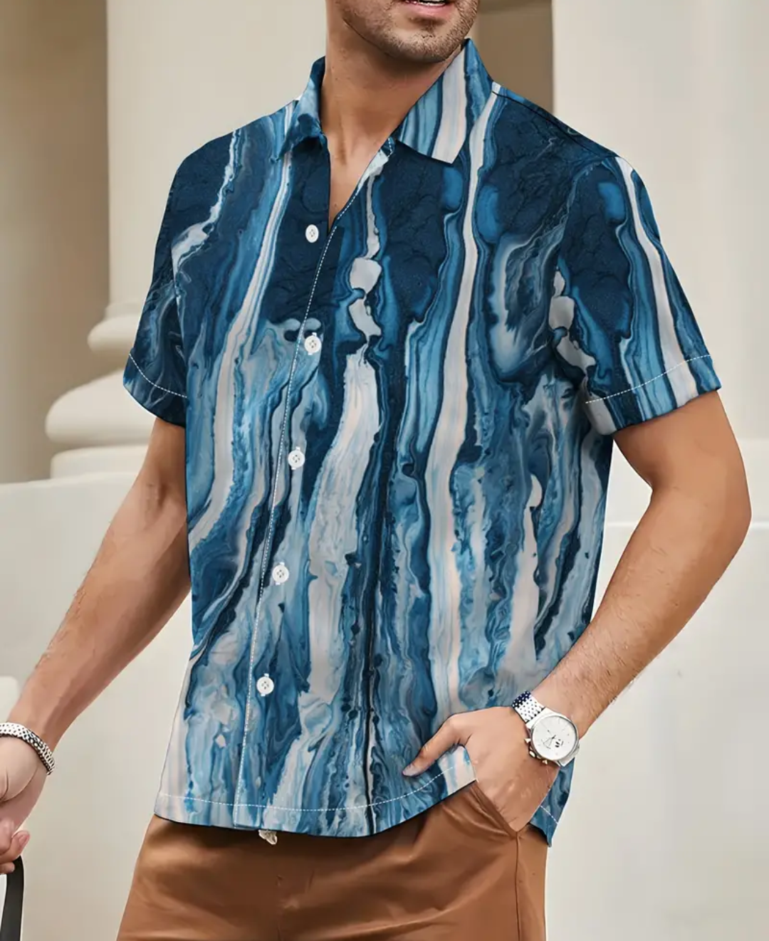 OIL PAINTING STYLE MEN'S SHORT SLEEVE BOTTOM DOWN