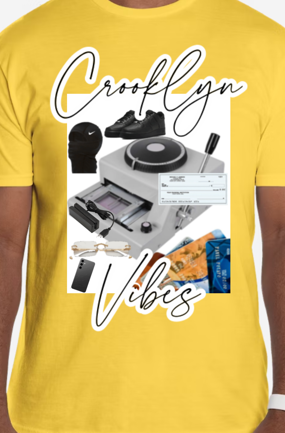 Black and yellow Crooklyn vibes credit card machine T-shirt. Available in different colors on request