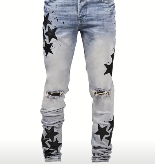 MEN DISTRESSED BLACK STARS JEANS