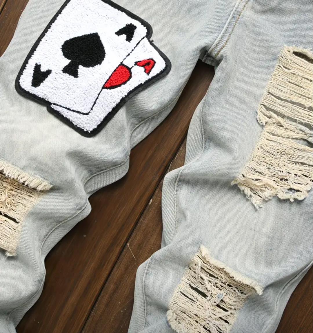 MEN ACE OF SPADES CARD DISTRESSED JEANS