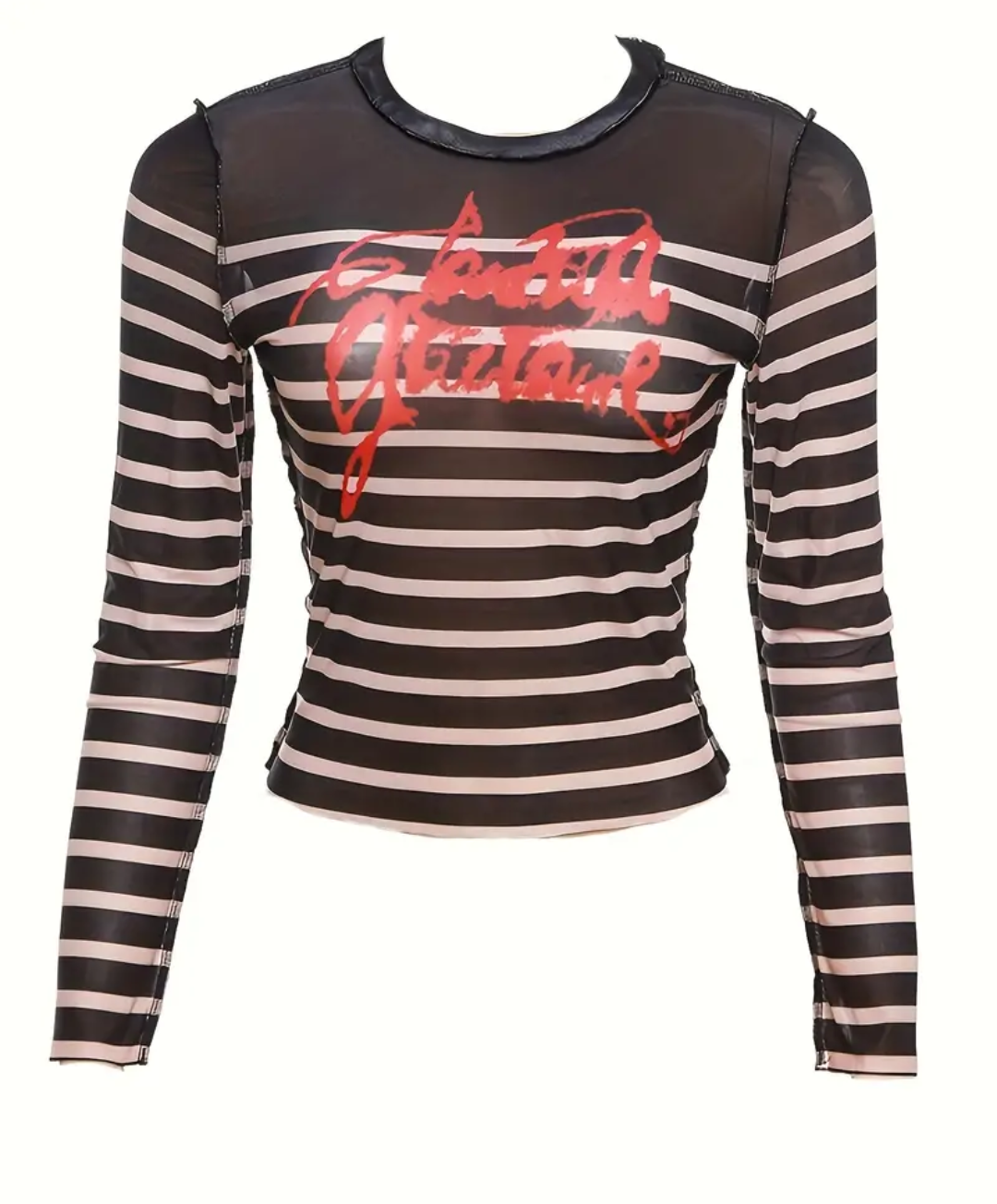 LETTER PRINT STRIPED MESH TSHIRT LONG SLEEVE